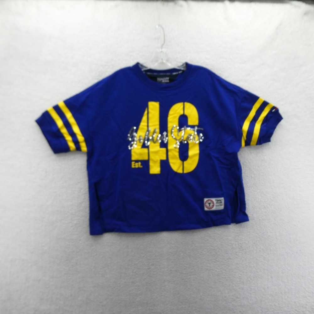 Tommy Jeans Shirt Womens Small Golden State‎ Blue Yellow Sequin Jersey Crop Top